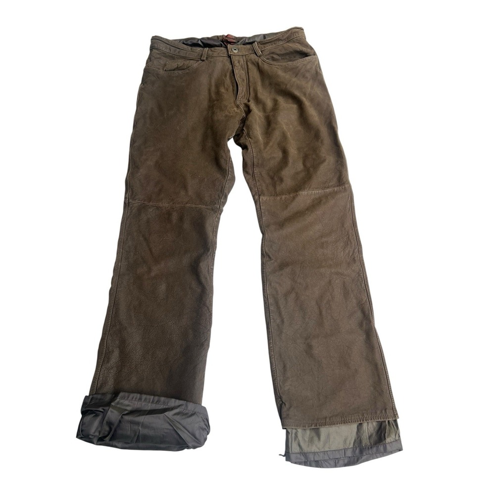 Danier Mens 34 Brown Genuine Leather Pants Cuffed Lined Straight Leg Moto Style